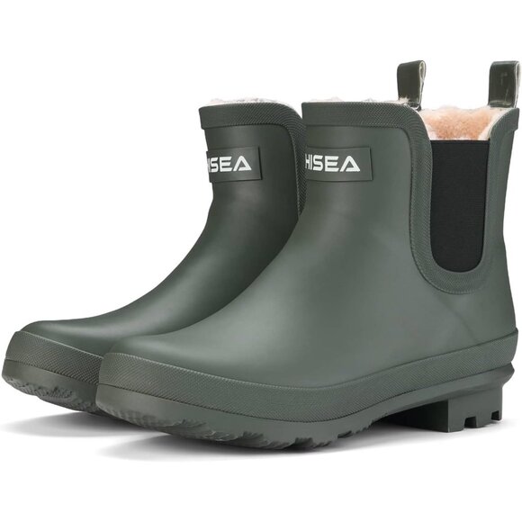 ⚡Women's Green Pull On Plush Rain Ankle Snow Boots Waterproof Chelsea Rubber - Picture 1 of 7